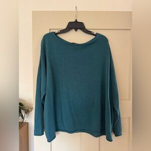 Eileen Fisher XL Organic Cotton Linen Blue Rolled Hem Sweater
